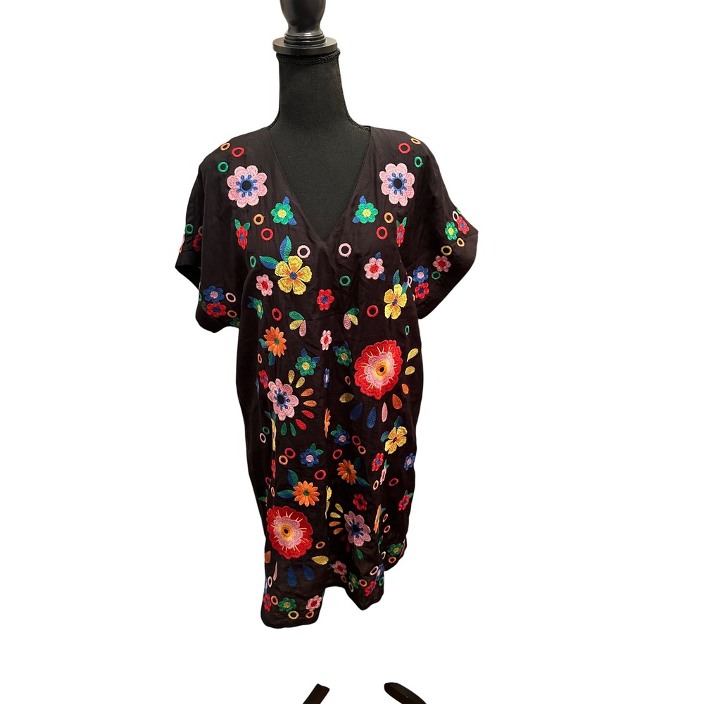 Savanna Jane Womens Black Floral Embroidered V-Neck Shift Mini Dress Small